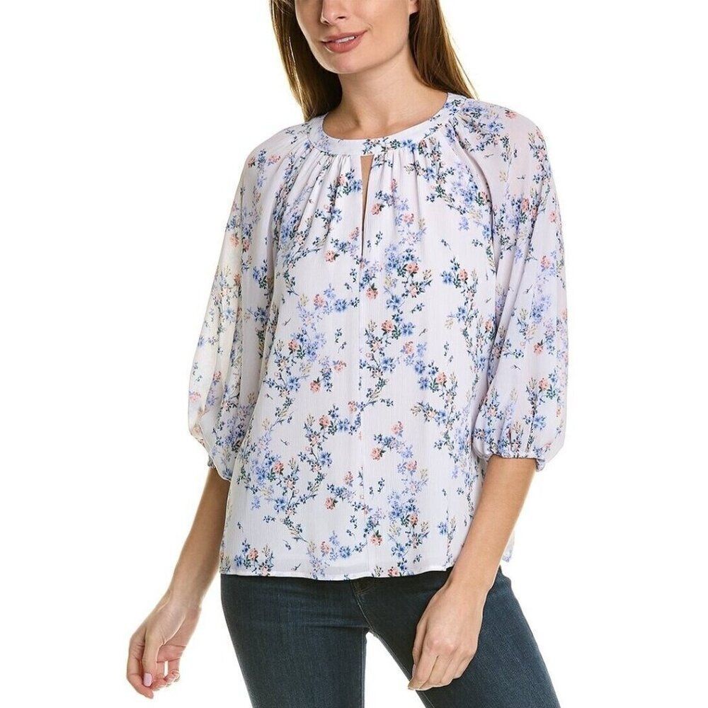 VINCE CAMUTO Rosey Vines Blouse White Multicolor Size Large 3/4 Length Sleeves